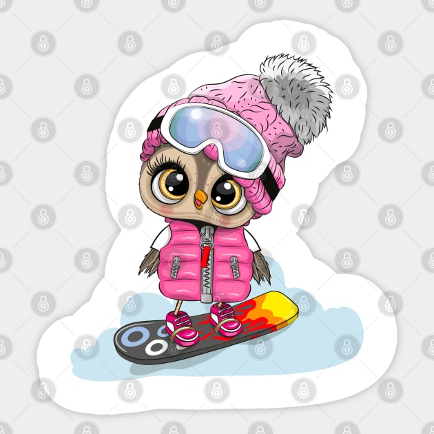 Cute owl on a snowboard Sticker by Reginast777